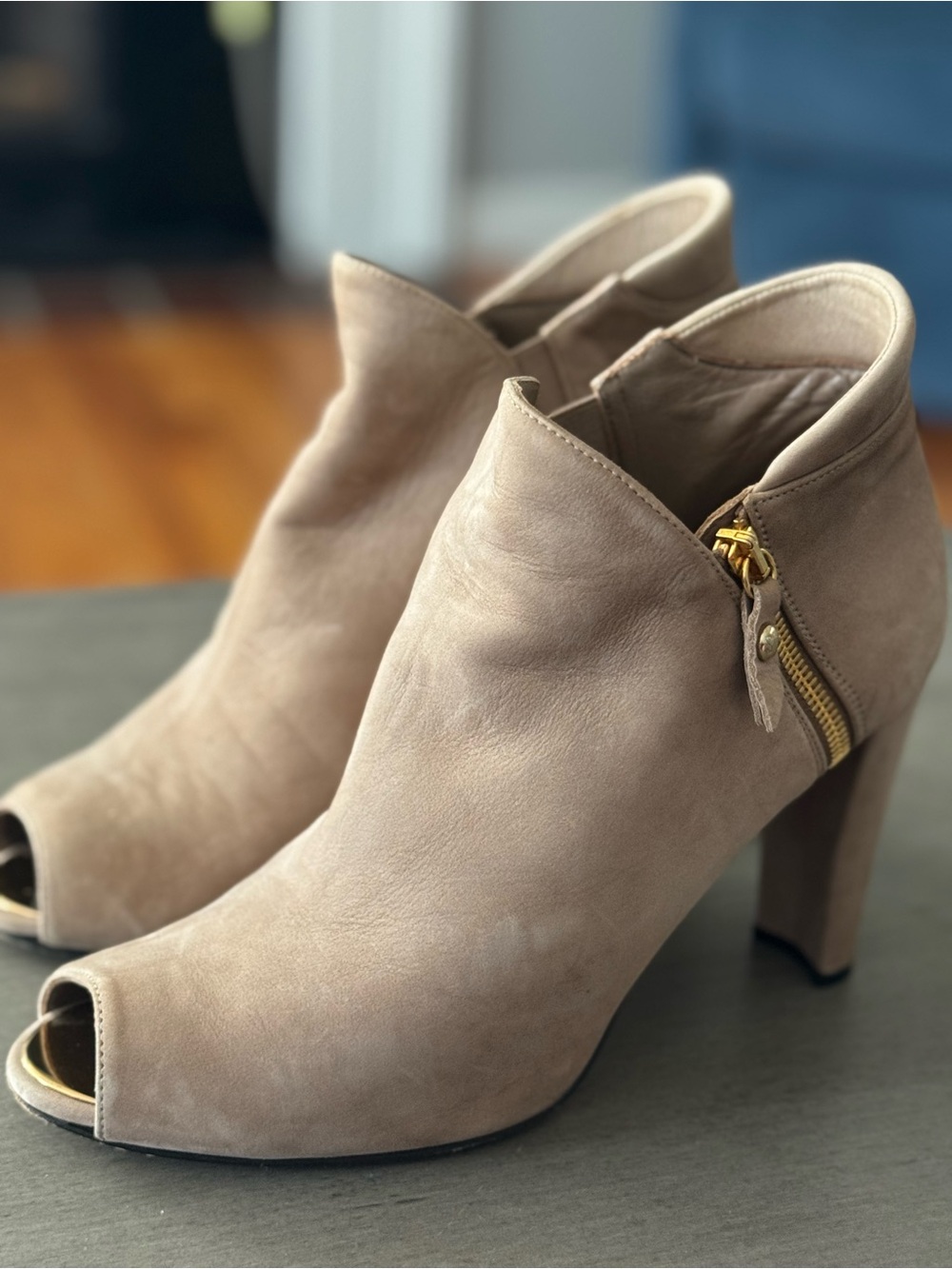 Stuart Weitzman Taupe Peep-Toe Ankle Booties with Gold Zipper